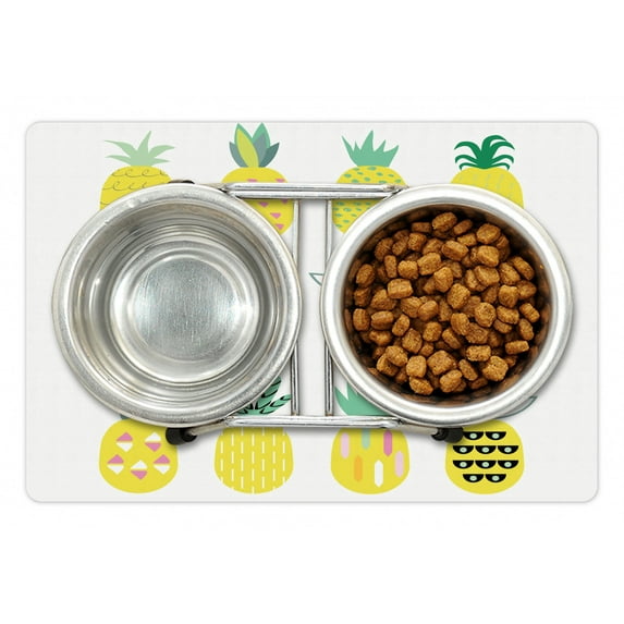 Pineapple Pet Mat for Food and Water, Composition of Pineapples with Different Patterns Lines Rhombuses and Zigzags, Non-Slip Rubber Mat for Dogs and Cats, 18" X 12", by Ambesonne