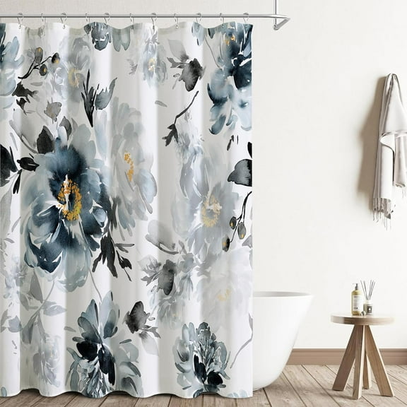 Navy Blue Floral Shower Curtain,Grey and Yellow Flower Bathroom Shower Curtains,Cute Pretty Ink Flowers Plant Bath Curtain Sets with 12 Hooks 72x72in,Waterproof Fabric