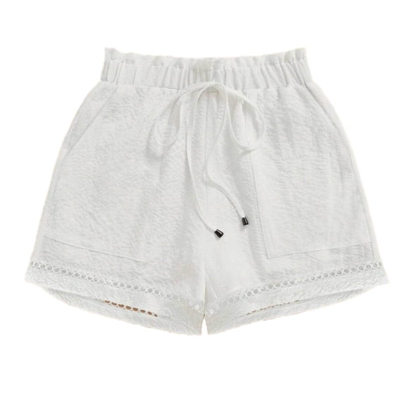 Women's Casual Elastic Waist Lounge Shorts Comfy Stretch Lace Trim Summer Beach Linen Ruffle Shorts,White,S