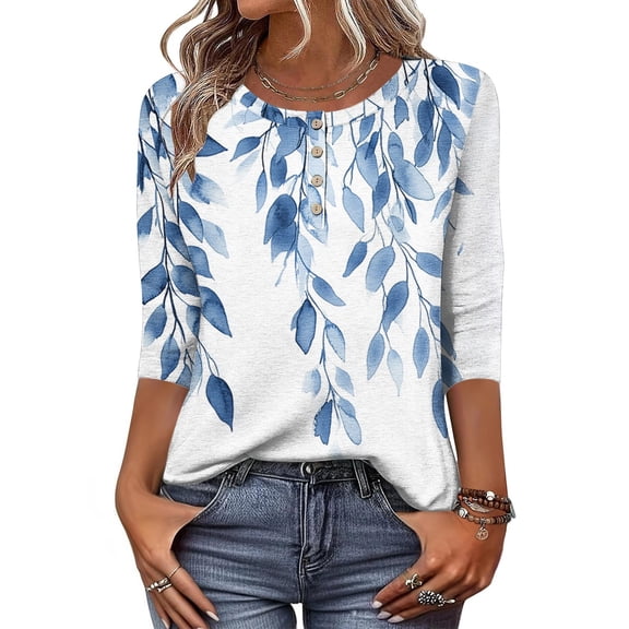 Jsaierl Tops for Women 3/4 Sleeve Plus Size Button Up Crew Neck Shirts Dressy Graphic Petite Blouses Going Out Vacation Tunic Top S-2XL