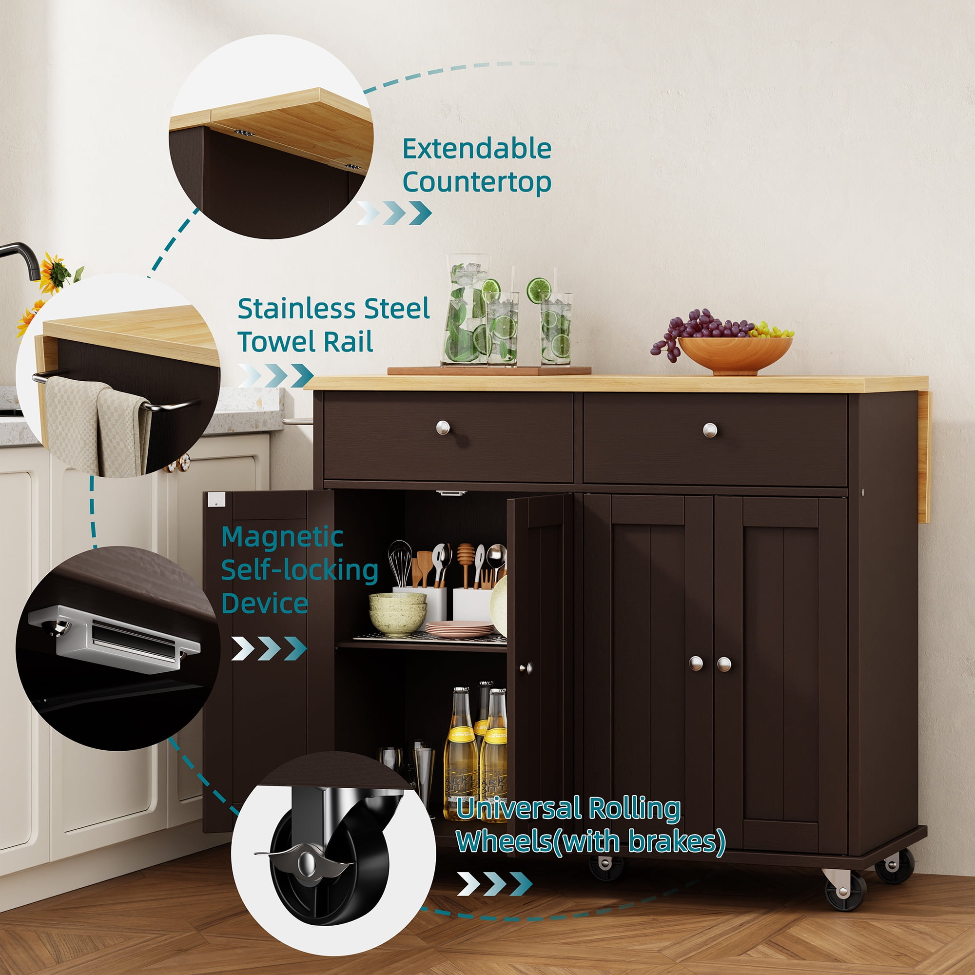 Walsunny Kitchen Islands Carts with Drop Leaf Table 2 Drawers 5 Wheels 4 Magnetic Doors Rolling Storage Cabinet Brown
