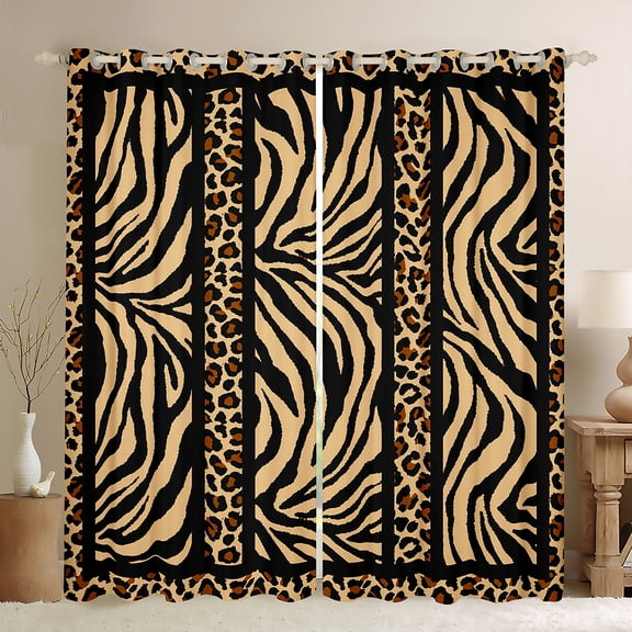 Homewish Teens Animal Leopard Zebra Print Blackout Curtains Set of 2 (52x84 Each),Black Yellow Window Curtains,Abstract Geometric Stripes Curtains and Drapes,Microfiber Bedroom Decor