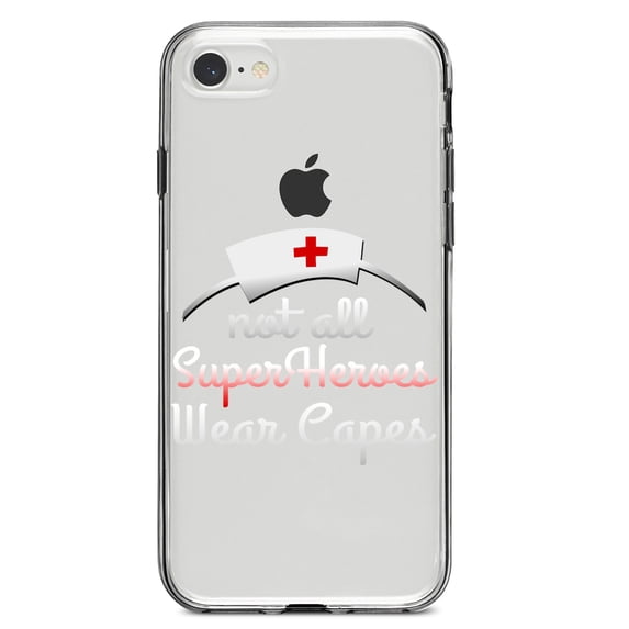 DistinctInk Clear Shockproof Hybrid Case for iPhone 7 8 SE (2020 Model) 4.7" Screen TPU Bumper Acrylic Back Tempered Glass Screen Protector - Nurse - Not All Super Heroes Wear Capes
