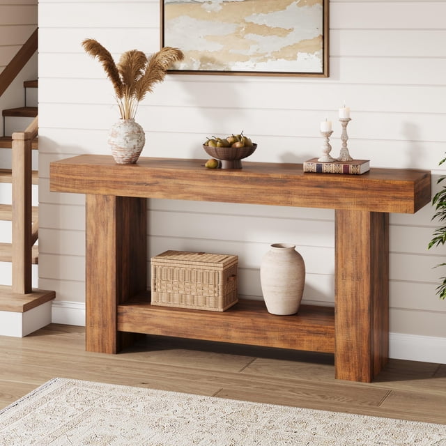 Long Console Table, 2-Tier Farmhouse Sofa Table Behind Couch, Rectangular Accent Console with Storage for Hallway Foyer Entrance