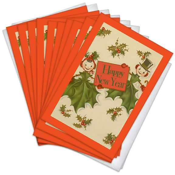 Holly People Happy New Year Greeting Cards | 10 Pack Bulk Set (4x6)