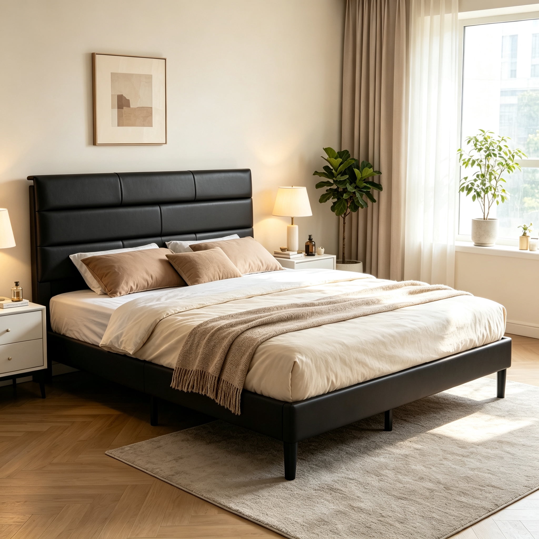 Gewnee Full Size Bed Frame,Upholstered Platform Bed Frame with PU Headboard,Wood Platform Bed,No Box Spring.Black