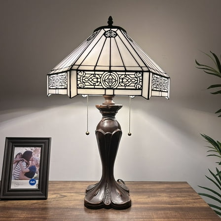 Tiffany Table Lamp White Stained Glass Hexagon LED Bulbs Included for Living Room Dining Room Bedroom Bedside 16"W*16"D*64"H