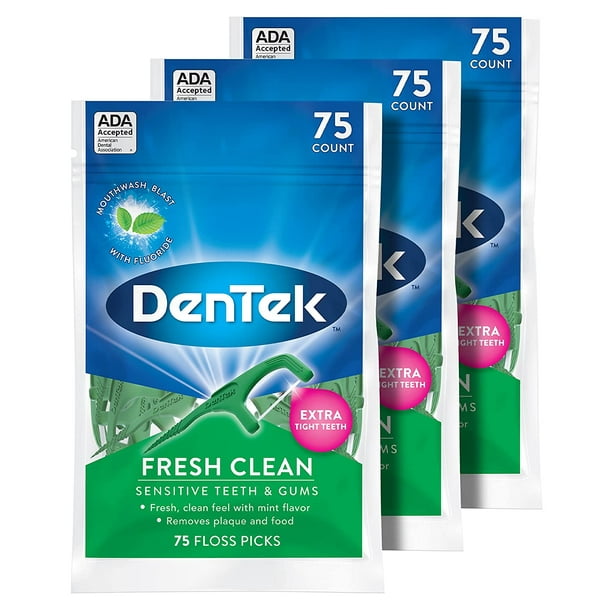 DenTek Fresh Clean Floss Picks, For Extra Tight Teeth, 75 Count, 3 Pack ...