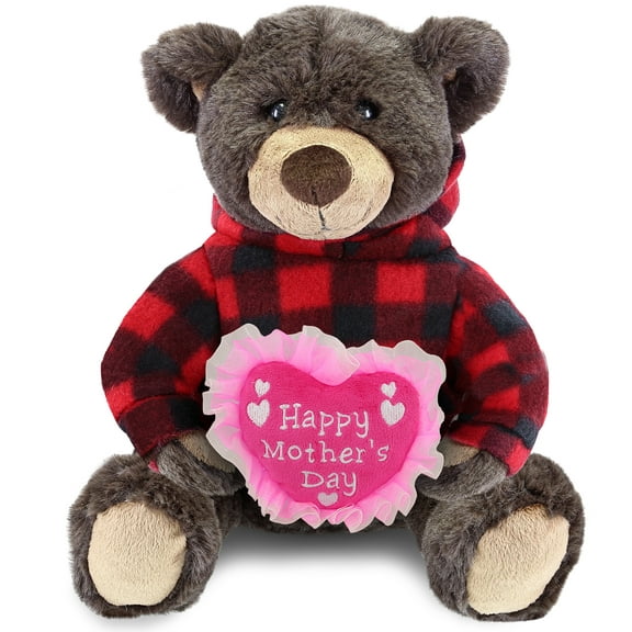 DolliBu Happy Mother's Day Super Soft Plush Brown Bear With Red Plaid Hoodie - Cute Stuffed Animal with Pink Heart Message for Best Mommy, Grandma, Wife, Daughter, Wild Life Plush Toy Gift - 10 Inches