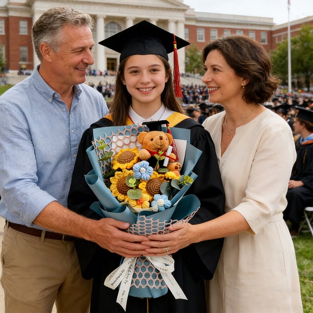Ramo de osito de peluche para graduación con flores tejidas a mano – Oso de peluche y bolsa de regalo para la celebración de graduación de 2026
