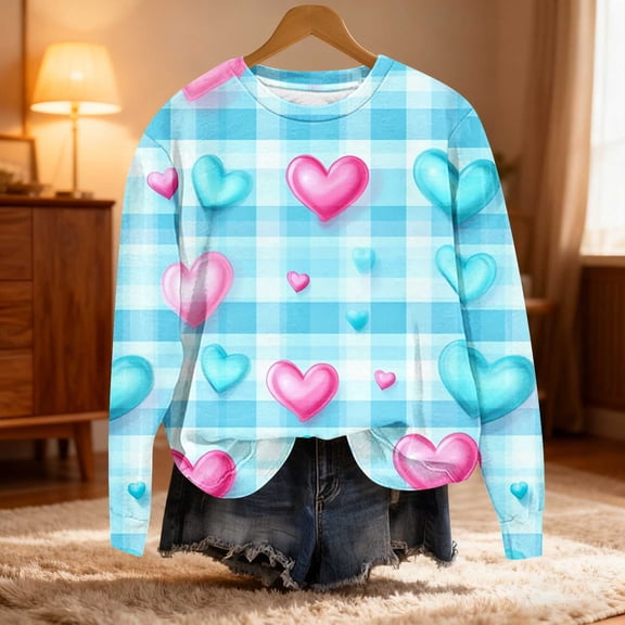 Craaazy Women's Valentines Sweatshirt Casual Round Neck Love Printed Loose Long-Sleeved Tops Gifts