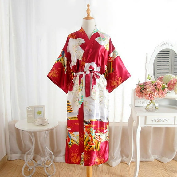 NICEXMAS Long Kimono Sleepwear Artificial Silk Bath Robe Luxurious Women Honeymoon