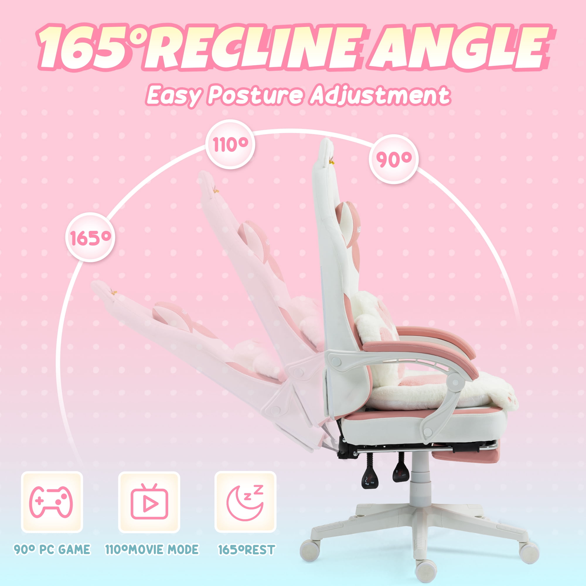 KARXAS Adult Cute Cat Ear Paw Print Reclining Fabric PC Gaming Chair with Footrest and Lumbar Support, Pink/White
