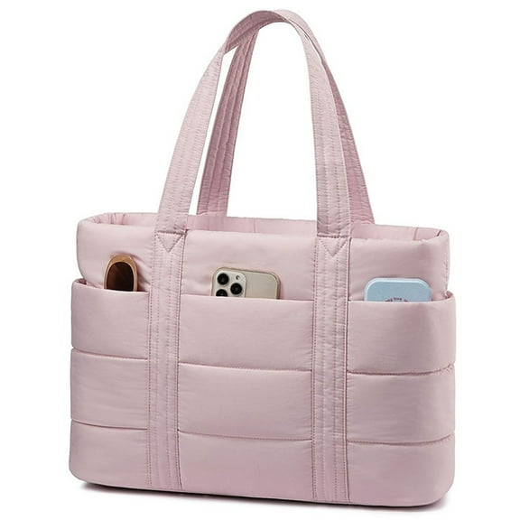 Puffer Tote Bag for Women, Lightweight Work Handbag with Compartments for 15.6" Laptop, Quilted Shoulder Bag for Commuter, Travel, Gym, School, Pink