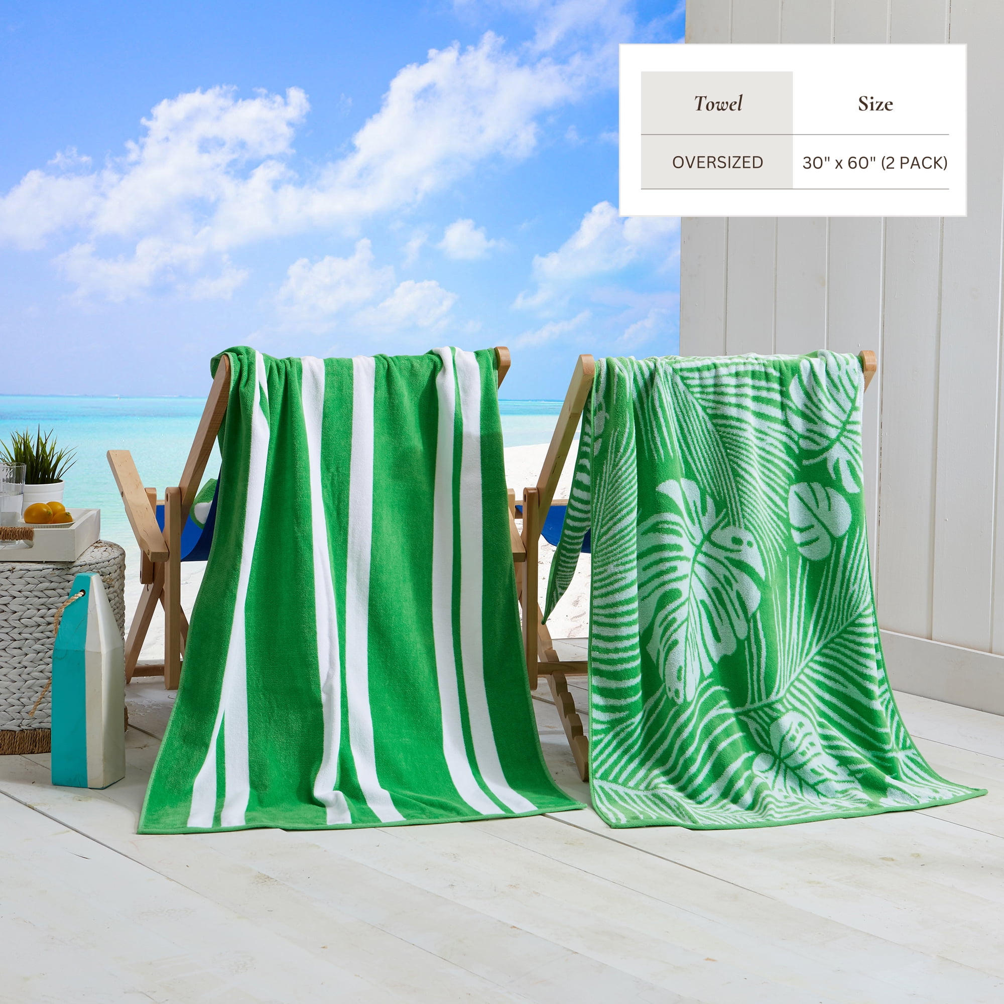 100% Cotton Jacquard 2 Pack 30" x 60" Printed Beach & Pool Towels (Green/White Palm Leaf & Stripes, 2 Pack- 30" x 60")