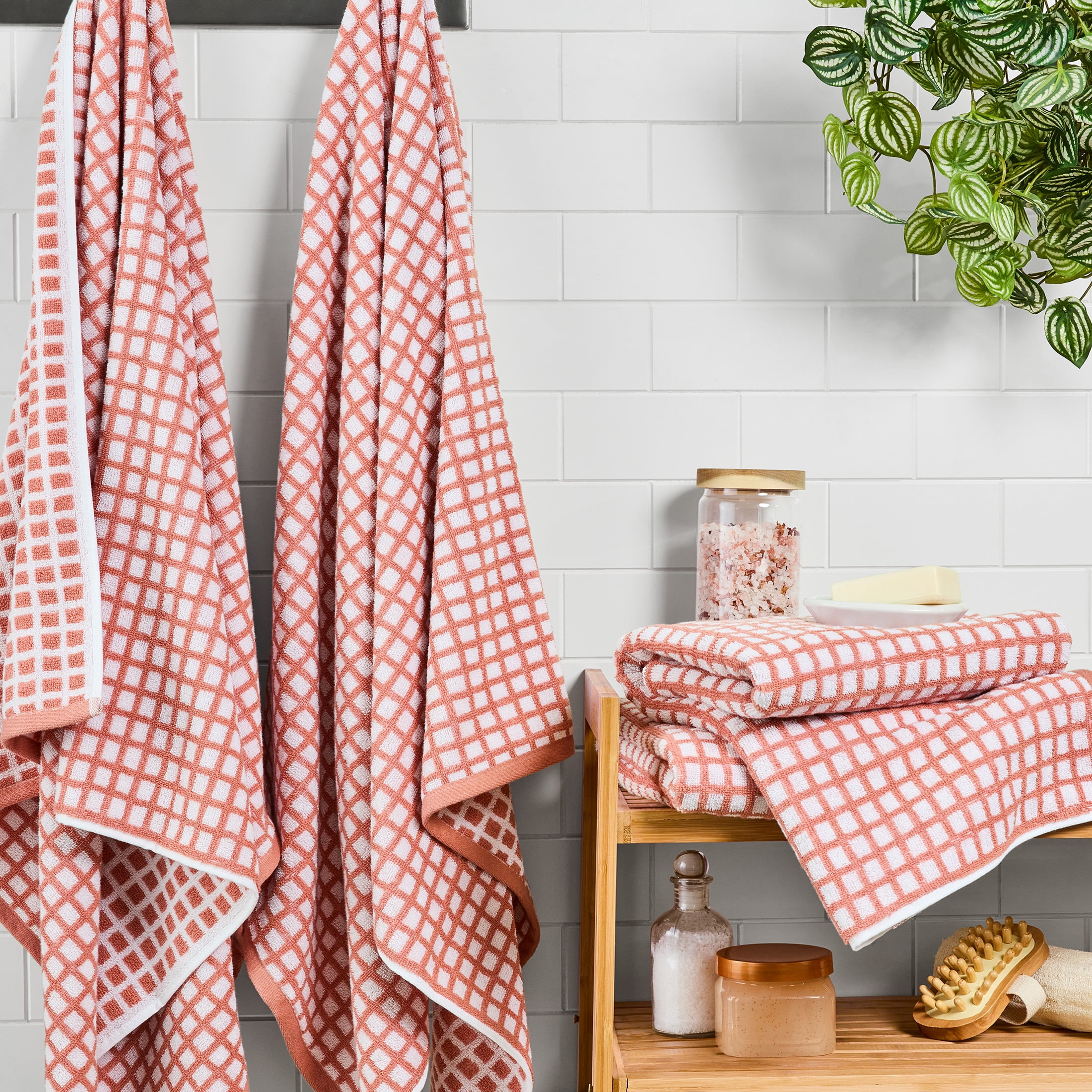 Mainstays Performance Checkered Bath Towel Set, 4-Piece, Terra Cotta