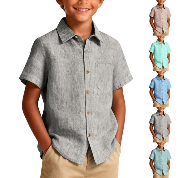 Tisuna Boys Summer Shirts Kids Short Sleeve Button Down Solid Color Tops Breathable Everyday Wear Tees For Toddler And Tweens 1-11 Years