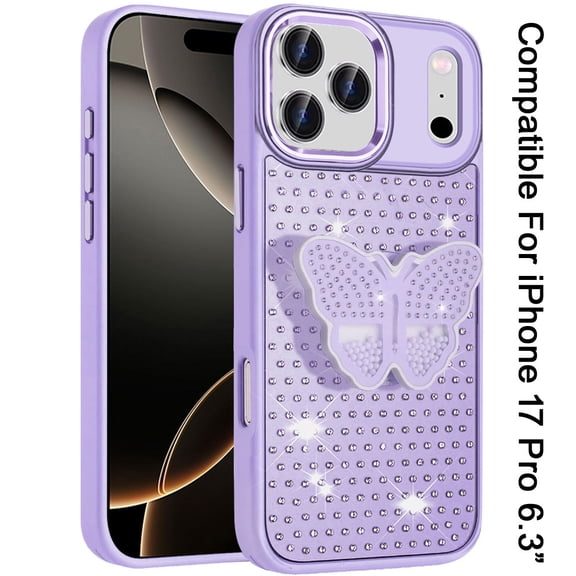 XPM for Apple iPhone 17 Pro (6.3") Phone Case, Butterfly Moveable Grip 3D Pop Stand Full Diamond Bling Sparkling TPU Fashion Hybrid Cover for iPhone 17 Pro (Purple)