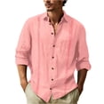 thumbnail image 2 of Qwertyu Men's Long Sleeve Button Down Shirt Casual Cotton Linen Textured Solid Color Lightweight Shirt Summer Beach Tops Pink XL, 2 of 5