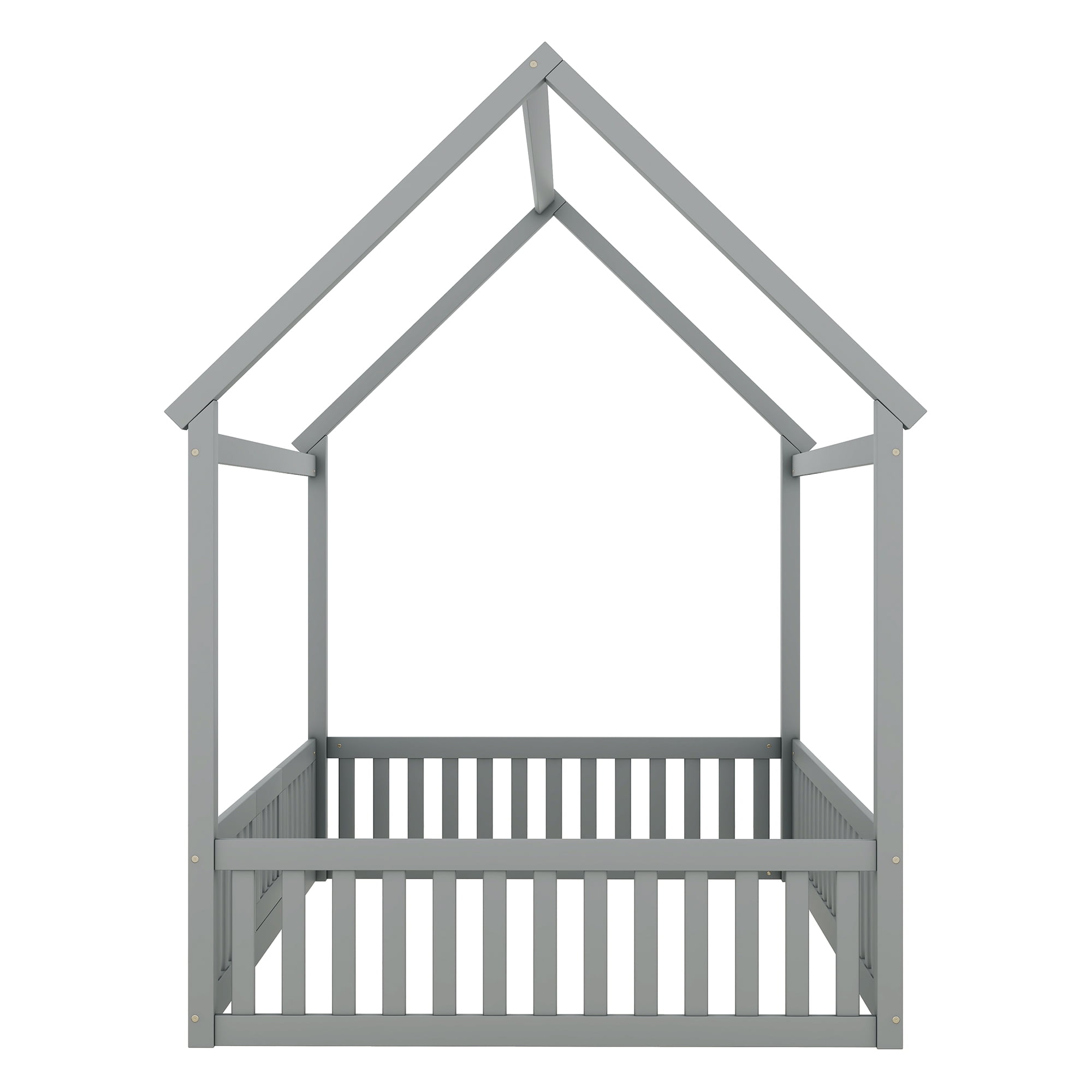 Full Size Montessori Bed, Full House Beds with Fence and Door, Floor Bed Full with Rails (Gray)