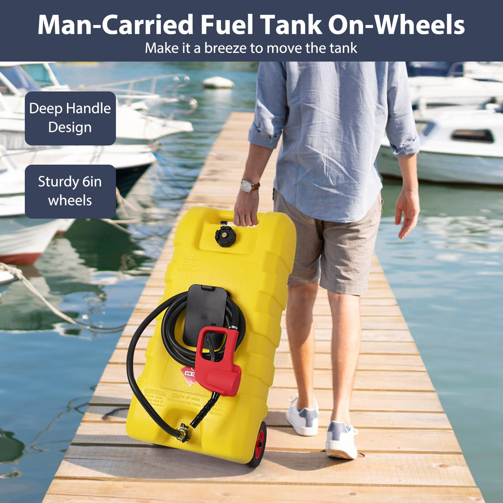 Fuel Caddy, 15 Gallon Portable Gas Fuel Tank Container with Fluid Transfer Siphon Pump and 10ft. Delivery Hose, Diesel Storage Can On-Wheels for Cars, Lawn Mowers, ATVs, Boats