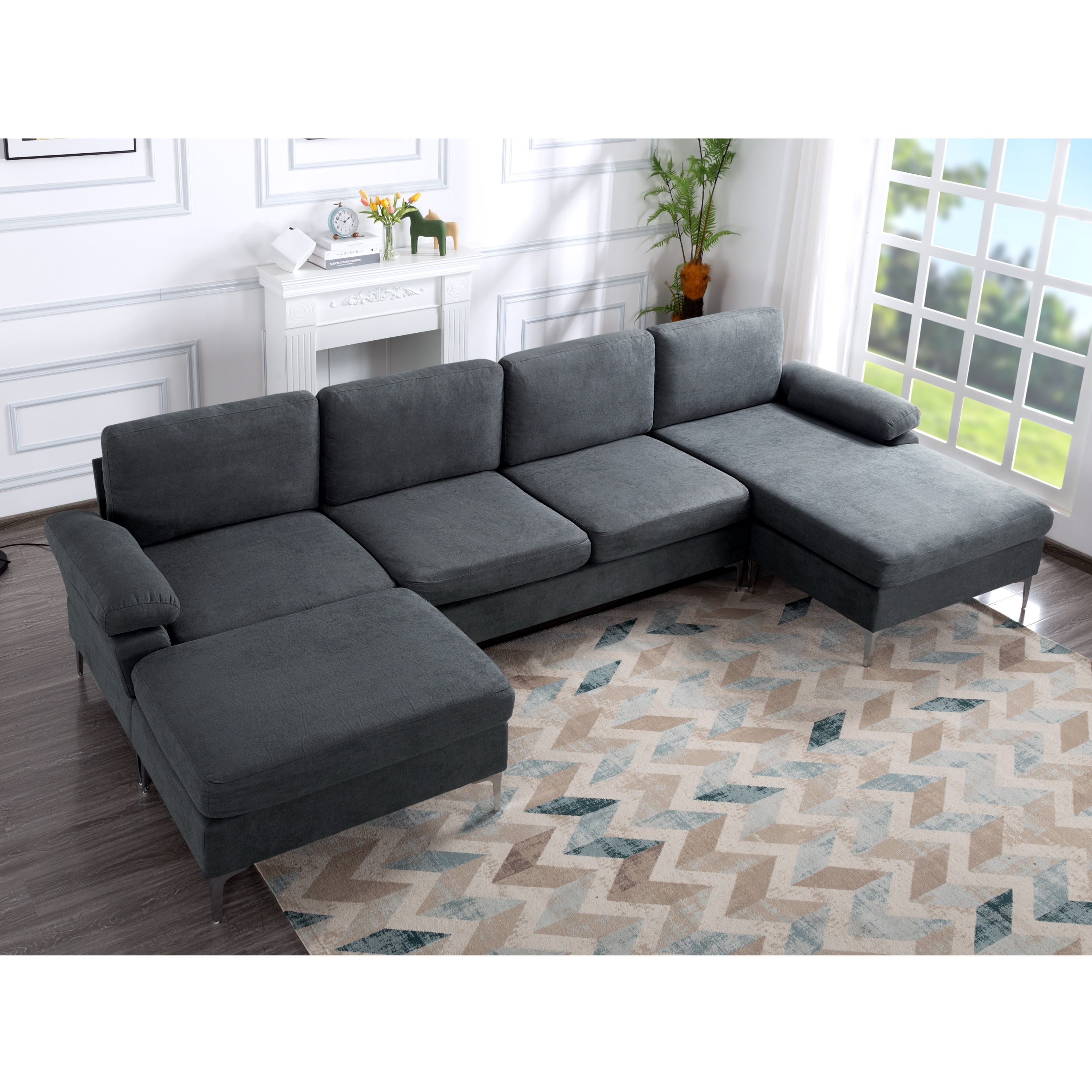 Oversized U-Shaped Sectional Sofa Couch,Convertible Modular Sofa,Upholstered Sleeper Sofa Couches with Reversible Chaise Lounge and Movable Ottomans for Living Room,Dark gray