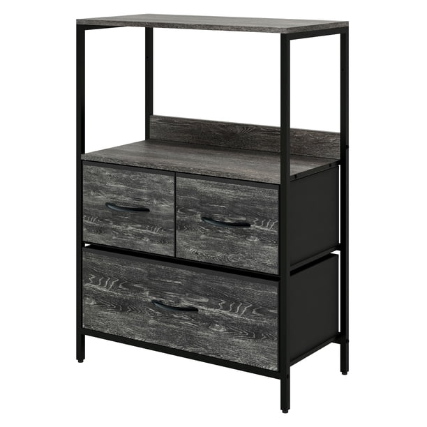 Cómoda de 3 Cajones con Balda y Estante para Almacenamiento en Hogar y Oficina, Estructura de Metal y Cajones de Tela en Lino y Poliéster (Oak Negro)