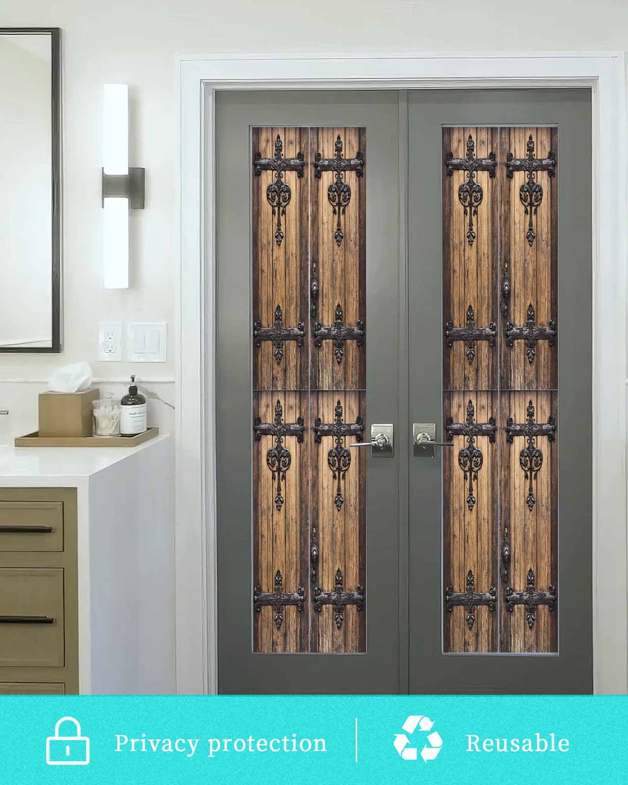 Window Privacy Film Rustic Wooden Door Stained Glass Window Film Decorative Sun Block Window Cover Brown Black Farmhouse Country Vintage Window Clings Static Adhesive Sticker for Bathroom 23.6"x78.7"