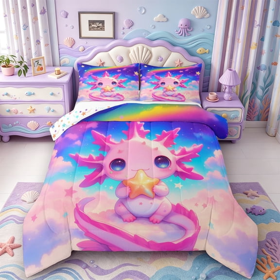 Manfei 3D-Printed Axolotl Full Size Comforter Sets,Cute Animals Print Bedding Comforter Set,Colorful Stars Reversible,3-Piece,1 Comforter and 2 Pillowcases