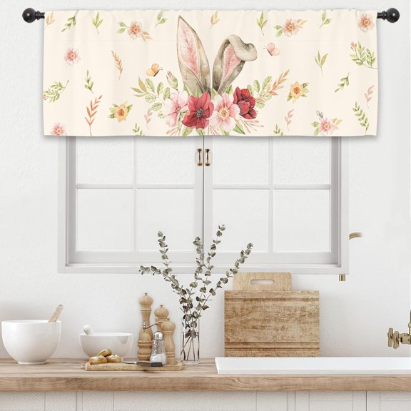 Easter Bunny Rabbit Kitchen Curtain Valance 54W x 18L Inch Spring Flower Floral Holiday Rod Pocket Short Cafe Small Window Treatment Drapes Decor
