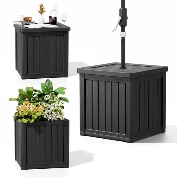 TopComfy Patio Umbrella Table with Hole, 3-in-1 Heavy Duty Outdoor Umbrella Side Table with Fillable Planter Base, Small Square Patio Table with Hole for Garden & Deck, Black