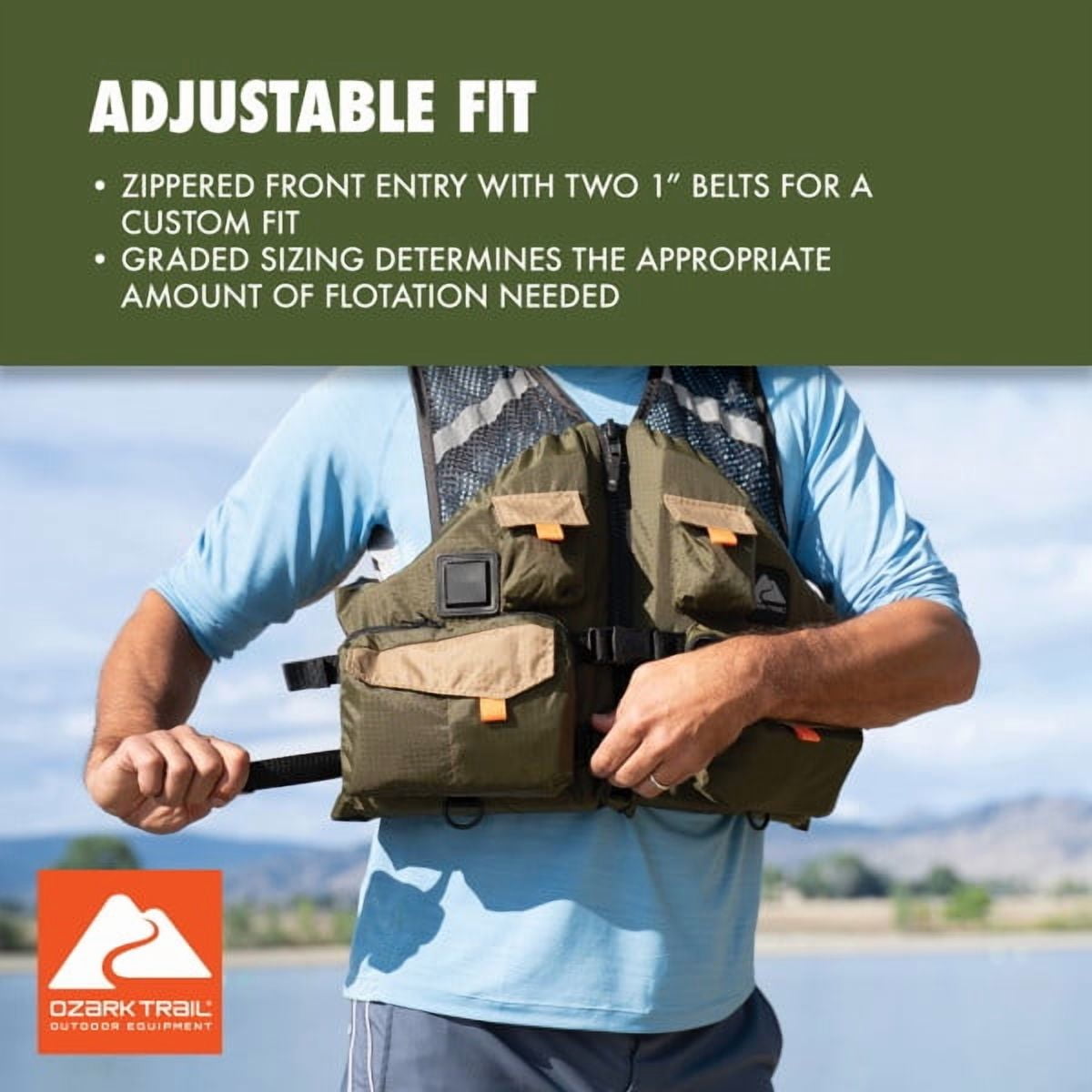Ozark Trail Adult Unisex Fishing Vest with Quick-Release Buckles and Nylon Ripstop Fabric, L/XL, Green