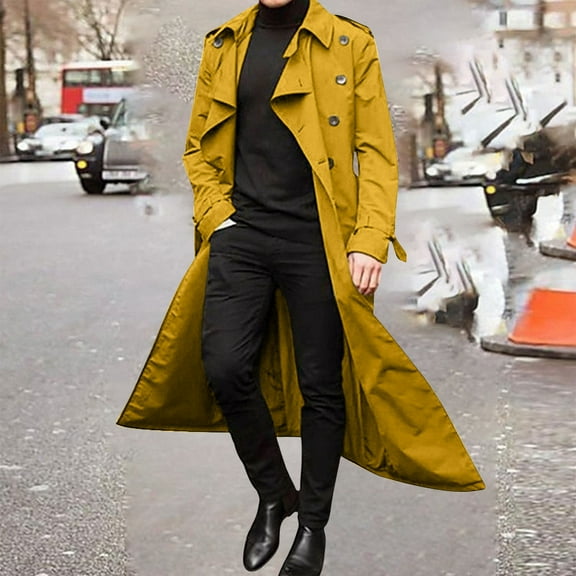 Vivianyo HD Men Coats Winter Clearance Men's Winter Fashion Long Trench Coat Easy Color Warm Lapel Coat Business Casual Coat Flash Picks Yellow