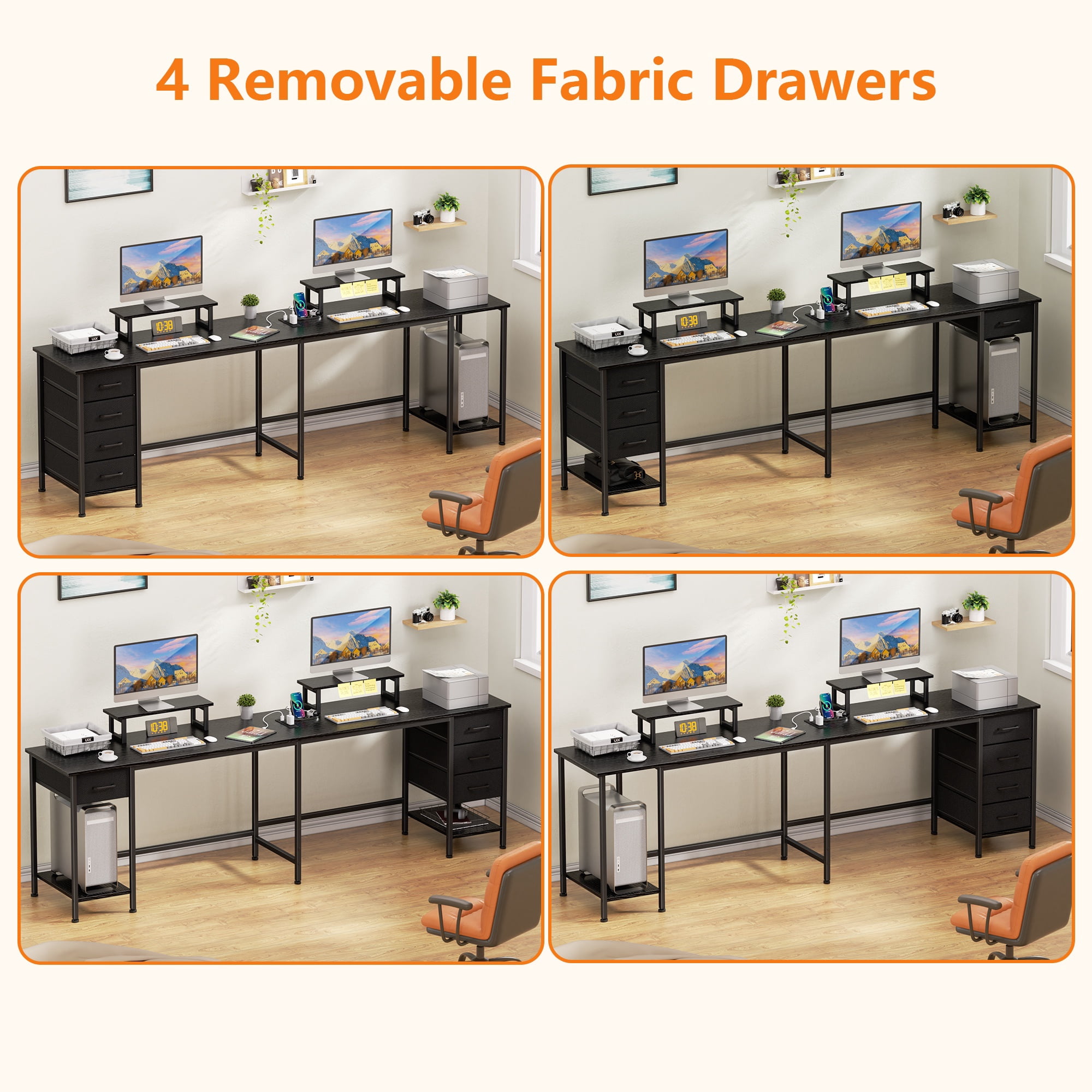 Satifur 66" L-Shaped Desk with Power Outlets, 4 Fabric Drawers & 2 Monitor Stands, Convertible Two Person Home Office Desk,Black