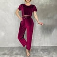 thumbnail image 2 of tarylea Velour Pajamas for Women Short Sleeve Crew Neck Tops Elastic Waist Pants Solid Color Suits Casual Loose Comfy Loungewear, 2 of 4