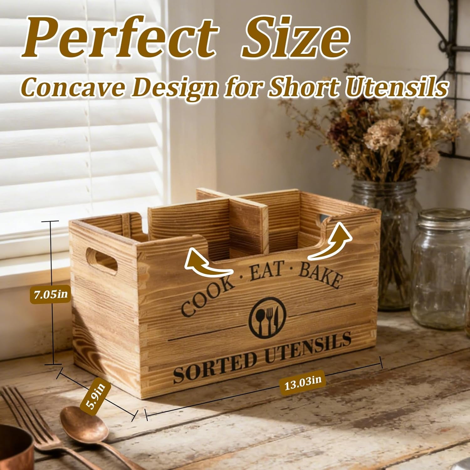 Upgraded Kitchen Utensil Holder For Counter  Extra Large Wooden With Three Adjustable Combination Designs Storage Cooking And Silverware