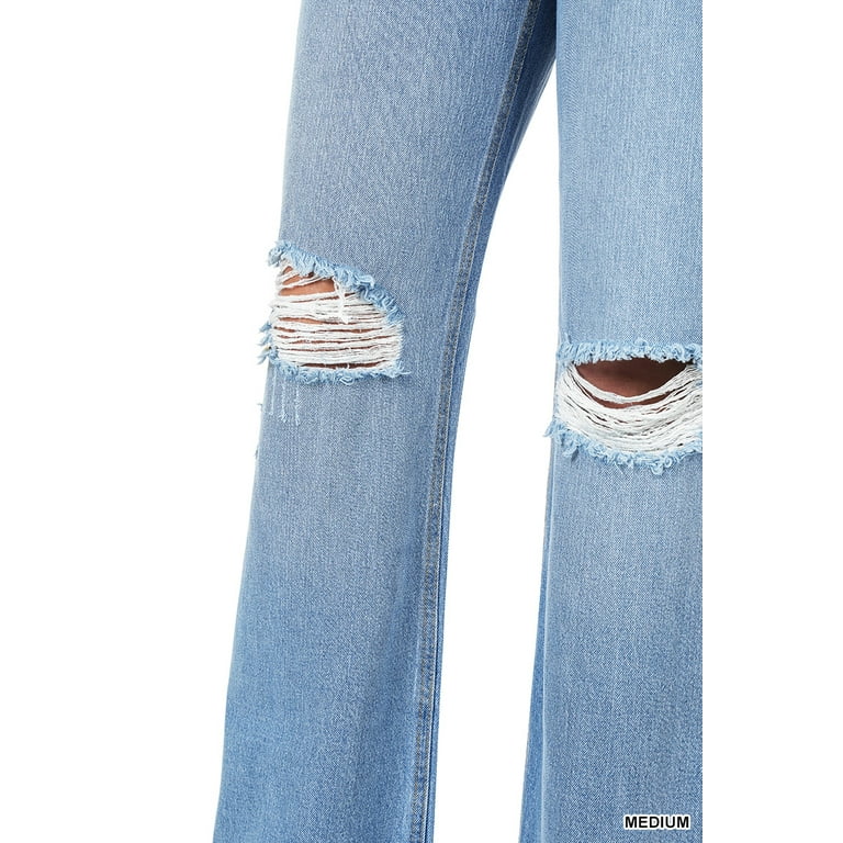Zenana Women's High Rise Destroyed Raw Hem Straight Leg Zenana Women's High Rise Destroyed Raw Hem Straight Leg