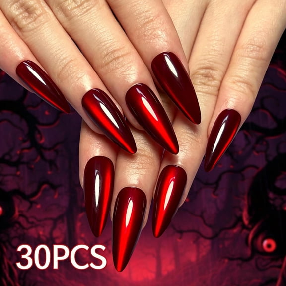 30Pcs Halloween Red Cat Eye Stiletto Press On Nails, Glossy Magnetic Dynamic Shimmer Gothic Reusable False Nail Tips, Long Lasting Fake Nails for Women Cosplay Party Daily Nail Art Decor