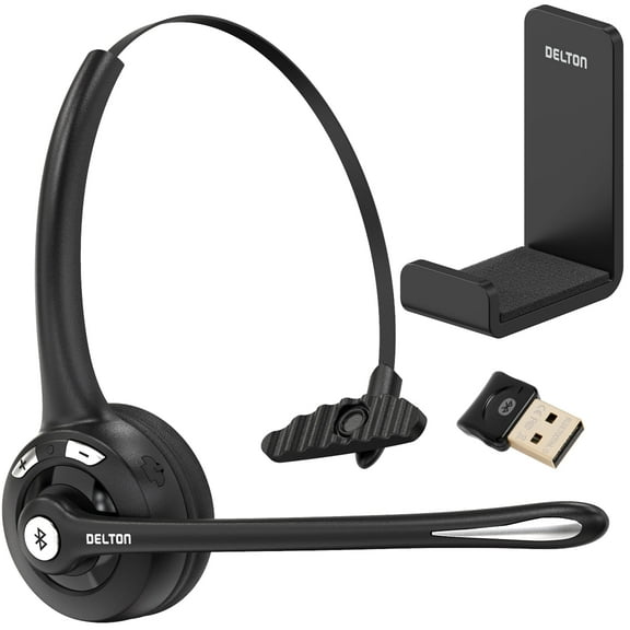 Delton 10X Wireless Computer Headset with USB Dongle and Hook, Bluetooth Headset with Noise Canceling Mic, Wireless Headset for Computer, Cell Phone, Drivers, Office, Call Center - Black