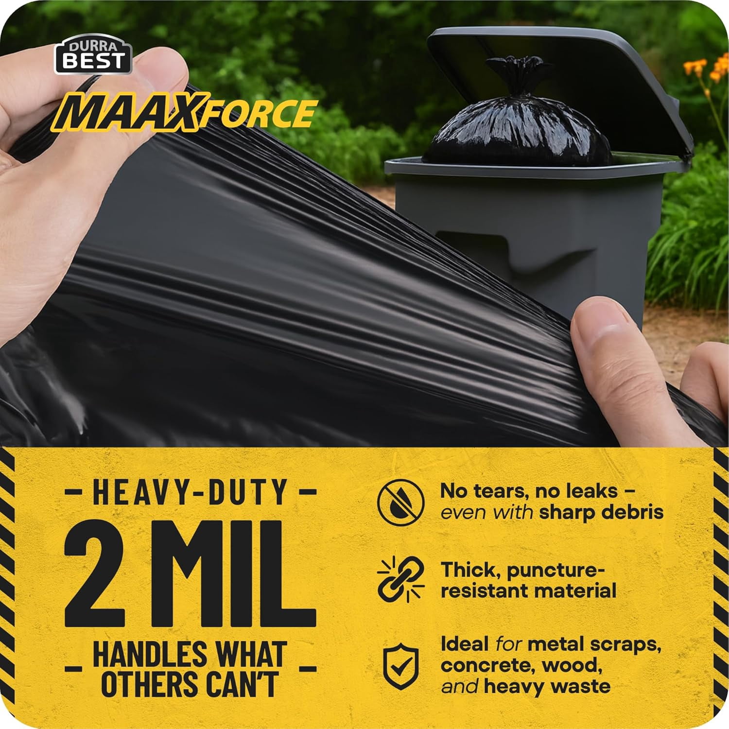 MAAXForce 55 Gallon Contractor Trash Bags | 2 Mil Heavy-Duty Black Garbage Bags | Leak-Proof, Puncture-Resistant | Made in USA | 36" x 56" Large Construction & Yard Cleanup Bags (40-Count)