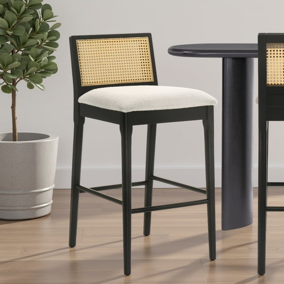 Tobias Coastal Modern Wood Bar Height Kitchen Bar Stool in Black Finish with White Boucle Fabric Upholstered Seat - Set of 3