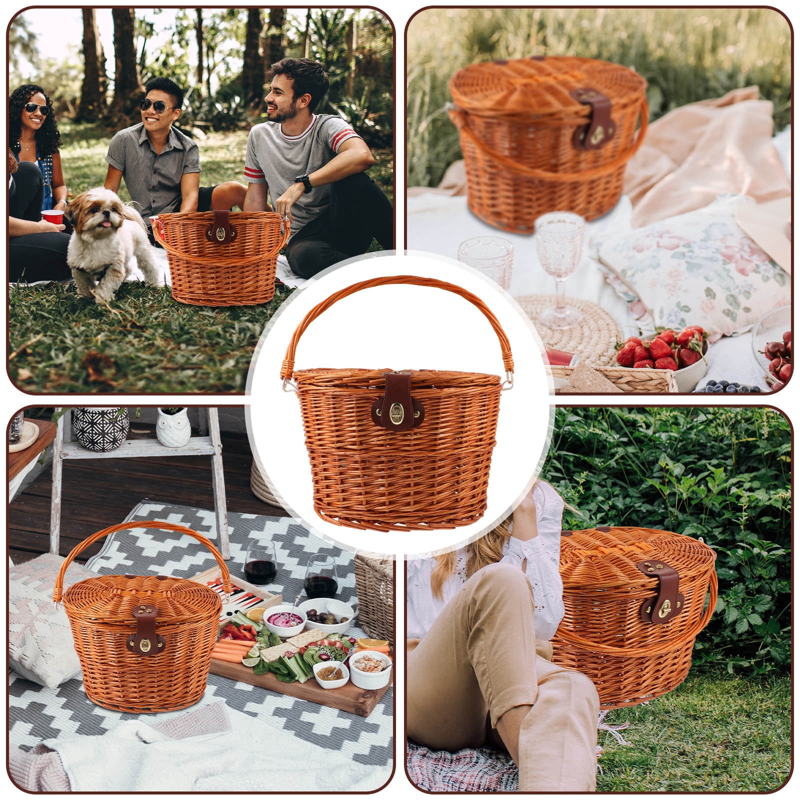 FOMIYES Brown Wicker Bike Basket with Lid and Handle, Front Handlebar Storage Basket for Accessories