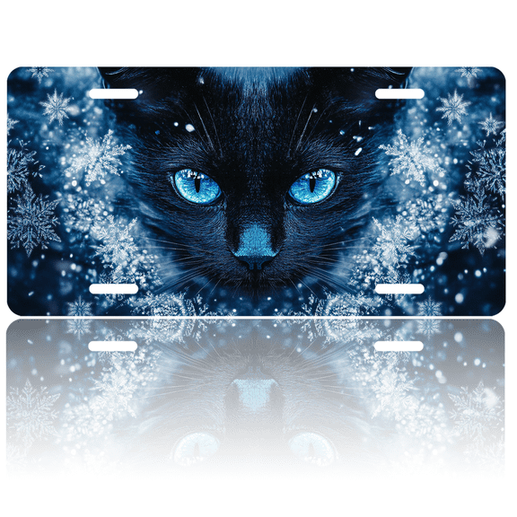 1 Pcs License Plate Covers & Frames, Black Cat with Blue Eyes and Snowflakes For Decorative Front, Waterproof For Decoration Aluminum License Plate Covers & Frames Cover For Men Women, 12" X 6"