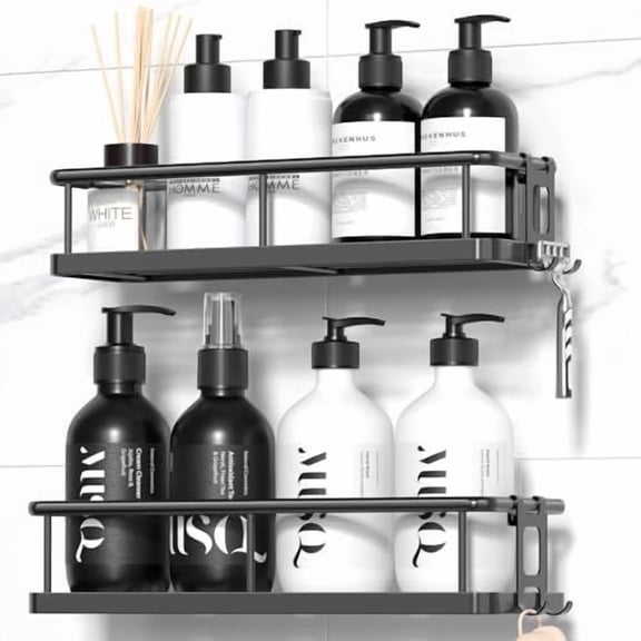Shower Caddy Adhesive, Rustproof Shower Shelves for Inside Shower, Large Capacity Bathroom Organizers and Storage, Shower Storage with Removable Hooks, No Drill Bathroom Accessories Black