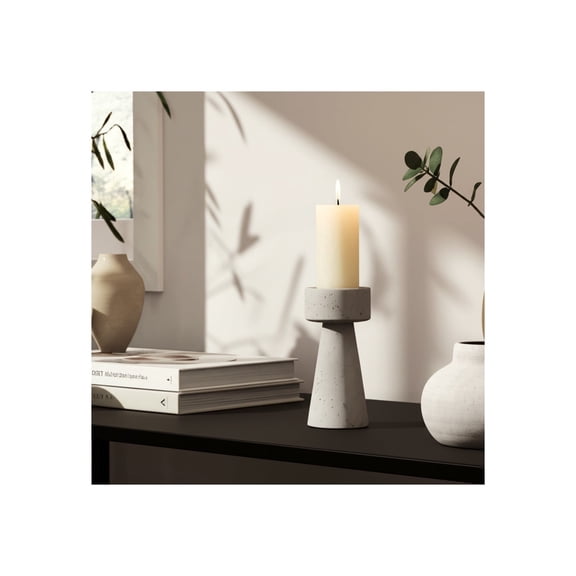 Modern Pillar Candle Holder - Decorative Cement Pottery Taper Holder - Casual Home Accent for Living Room, Bedroom, Office - 8" White