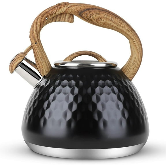 Tea Kettle, Teapot Whistling Kettle with Wood Pattern Handle Loud Whistle, Food Grade Stainless Steel Tea Pot for Stovetops Induction Diamond Design Water Kettle, 2.7-Quart Black
