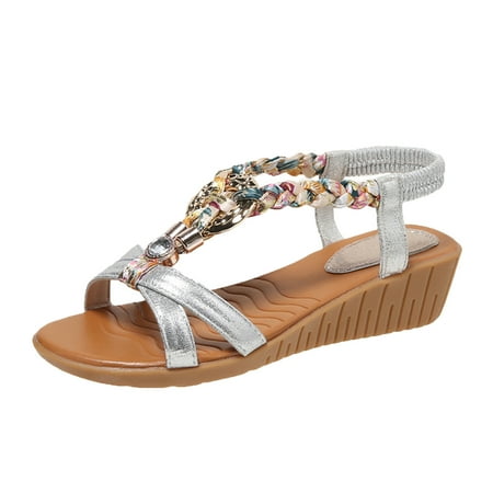 

YanHoo Thong Flat Sandals Casual Beaded Flower Rhinestone T Strap Dress Sandals Adjustable Ankle Buckle Dress Thong Sandals for Women Summer Wedding