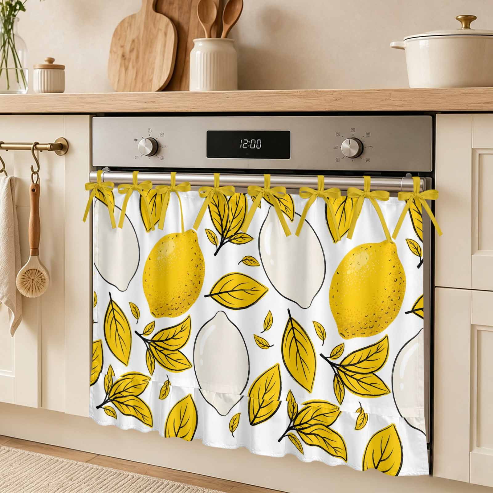 Summer Botanical Oven Skirt Curtain Lemons Abstractions Fruit Silhouette Yellow Leaves Tie Top Tier Curtains Stove Dishwasher Skirt Small Window Drapes for Kitchen Bathroom Cafe 32 x24