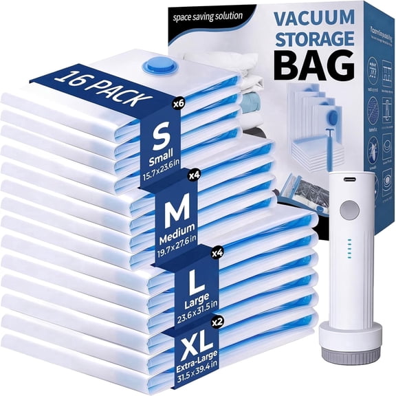 Travel Vacuum Bags Reusable Space Saver Compression Storage Organizer Set with Wireless Electric Pump, 16 Count, 16 Pack