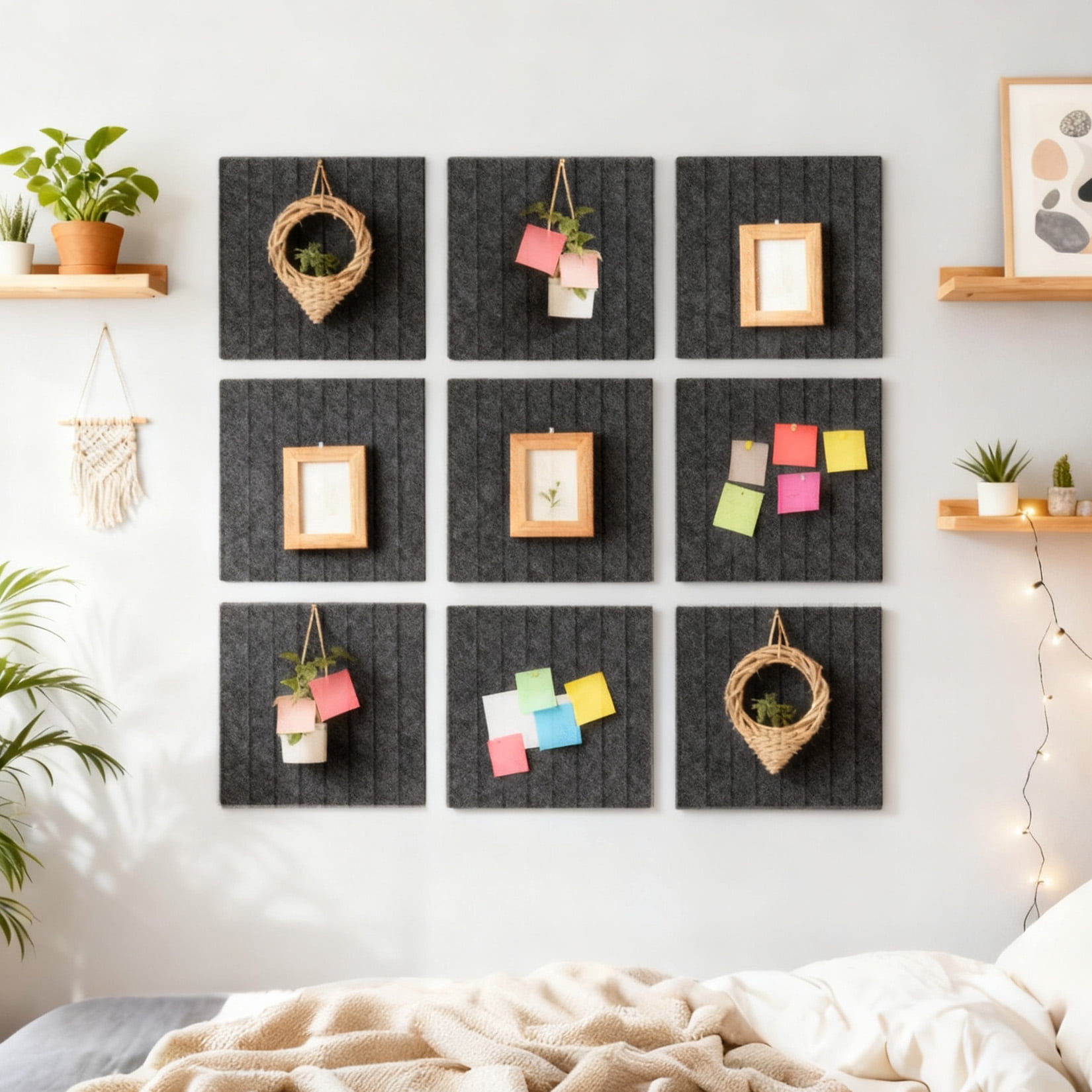 15 Pack Felt Bulletin Board Tiles 12 x 12 Inch Self Adhesive Pin Board Wall Panels with Push Pins Cork Board Alternative for Office Classroom Home Wall Decor, Gray